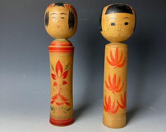Vintage Japanese Kokeshi Dolls – Hand-Painted & Signed by Artist – 28cm / 11in