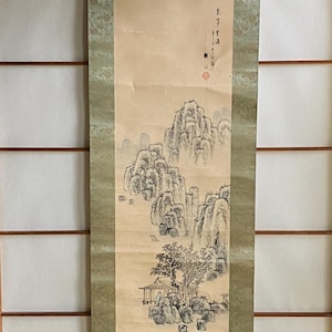 Japanese Hanging Scroll Kakejiku - Mountain Landscape & Pavilion Scene, Vintage
