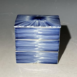 以下が含まれることがあります： 青と白のセラミック製の箱で、蓋が付いています。蓋は放射状のデザインで、本体は水平線があります。長方形の箱は磁器のようです。デザインはシンプルでエレガントです。