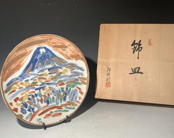 Japanese Hand-Painted Ceramic Plate Mt. Fuji with Wooden Box – Vintage Art
