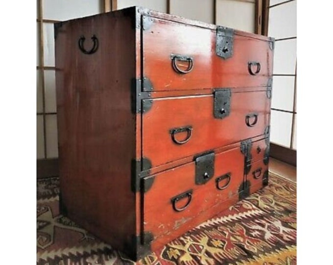 Antique Japanese Furniture Wood Isho Dansu Red Lacquered Tansu
