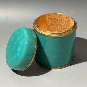 Japanse metalen theebus, handgemaakt, vintage, turquoise, messing decoratie