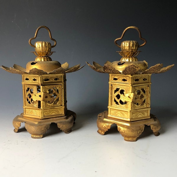 Pair of Japanese Hanging Buddhist Goldish Brass Lantern from Japanese temple 014