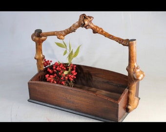 Japanese Wooden storage tray knot handle keyaki tree H. 12.2" L.13.7"