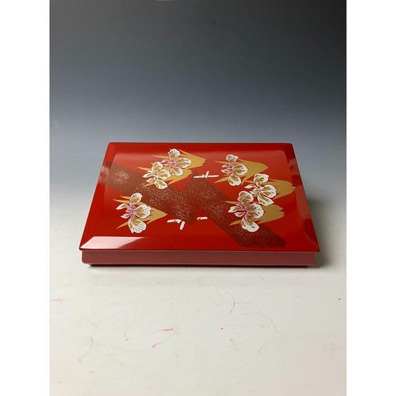 Vintage Japanese Lacquered Jubako Box with Floral Design – Red