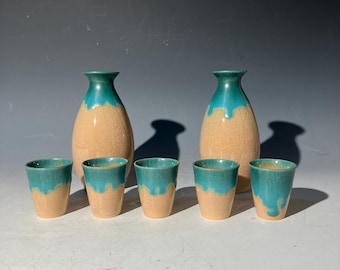 Vintage Japanese Ceramic Sake Set – 2 Bottles & 5 Cups with Box