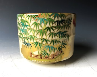 Japanse theekom Kyo-yaki ambacht Chawan met bamboe voor theeceremonie door kunstenaar