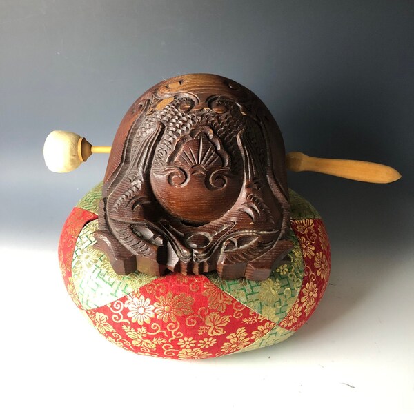 Japanese Buddhist Percussion "MOKUGYO" Wooden Fish Drum w/stick & pillow #2