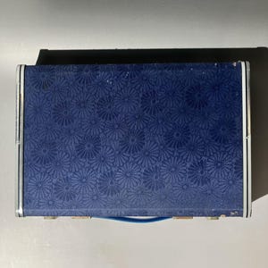 May include: A rectangular, navy blue box with a floral pattern. The box has a silver trim and a blue handle. The floral pattern is a repeating design of small, stylized flowers. The box appears to be closed.