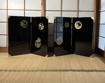 Biombo Japonés Plegable Negro Lacado Diseño Dorado Biombo Decorativo Vintage Separador de Ambientes