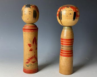 Vintage Japanese Kokeshi Dolls – Hand-Painted & Signed by Artist – 22cm / 8.6in