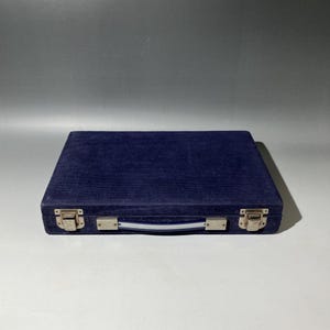Pu&ograve; includere: Una valigetta rettangolare rivestita in velluto blu scuro, dotata di una maniglia centrale con un dettaglio a righe bianche e blu. La custodia &egrave; fissata da due chiusure in metallo color argento sul bordo anteriore, con un aspetto piatto.