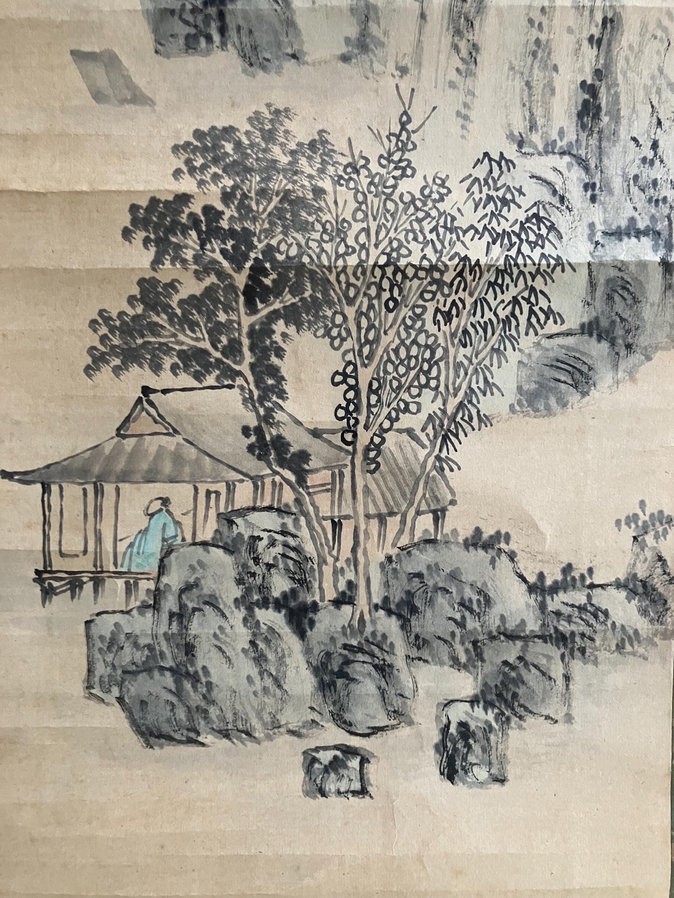 Vintage Japanese Hanging Scroll Kakejiku – Hand-painted Landscape