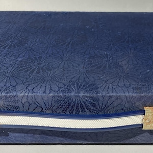 May include: A close-up of a navy blue box with a floral pattern. The box is closed, with a white and blue trim along the edge. A small, rusty metal clasp is visible on the side.
