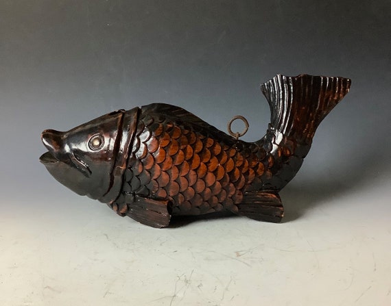 Antique Japanese Hand Carved Wood Koi } Good Fortune Fish