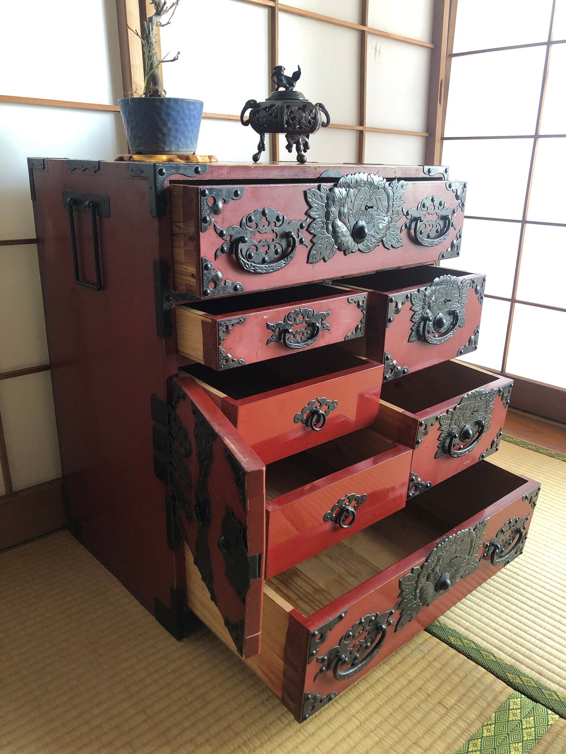 Japanese Vintage Furniture Clothes Chest Red Lacquered Etsy