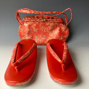Vintage Japanese Kimono Set: Red Floral Bag and Zori Sandals