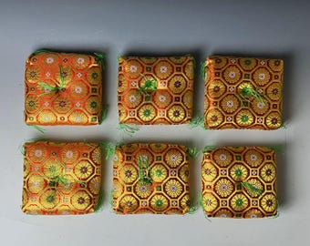 Set of 6 Vintage Japanese Orin Bowl Cushions – Brocade Floral Design for Meditation or Altar Use