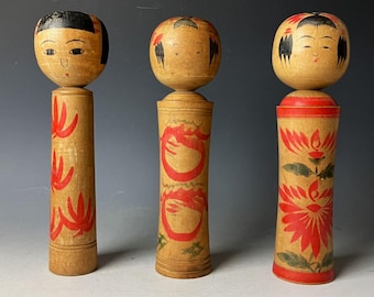 Vintage Japanese Kokeshi Dolls – Hand-Painted & Signed by Artist – 22cm / 8.6in