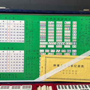 May include: A vintage Mahjong set in a blue case, open to reveal a green game board with Chinese characters and diagrams. A yellow booklet with Japanese text is visible. The set includes tiles and accessories, suggesting a classic board game.