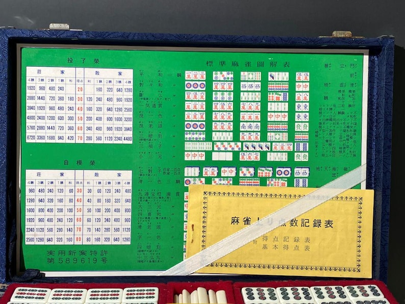 May include: A vintage Mahjong set in a blue case, open to reveal a green game board with Chinese characters and diagrams. A yellow booklet with Japanese text is visible. The set includes tiles and accessories, suggesting a classic board game.
