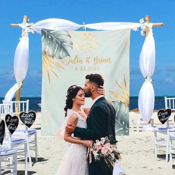 Personalized Beach Wedding Backdrop: Tropical Leaf Tapestry