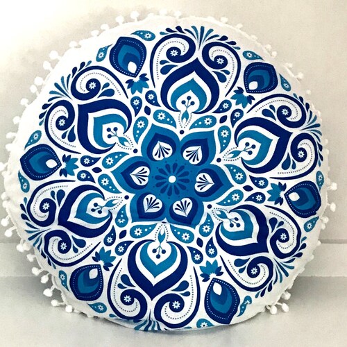 Round Cushion Mandala Pillow With Pom Poms Etsy