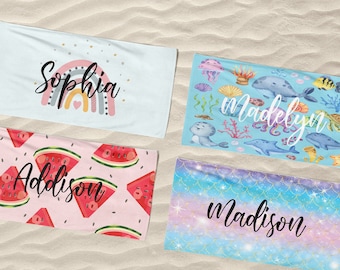Personalized Kids Beach Towel: Mermaid, Rainbow, Watermelon