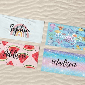 Girls Beach Towels Personalized, Toddler Beach Towel with Name, Personalized Mermaid, Rainbow, Watermelon Towel With Name