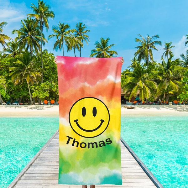 Smiley Face Beach Towels with Name, Personalized Tie Dye Beach Towel, Emoji Beach Towels