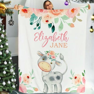Cow Blanket, Personalized Baby Blanket Gift, Toddler Blanket, Farm Animal Nursery Decor, Toddler Birthday Gift, Cow Theme Blanket