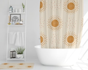 Sun Shower Curtain, Orange Sun Bathroom Set, Girls Dorm Room Toddler Bathroom Decor