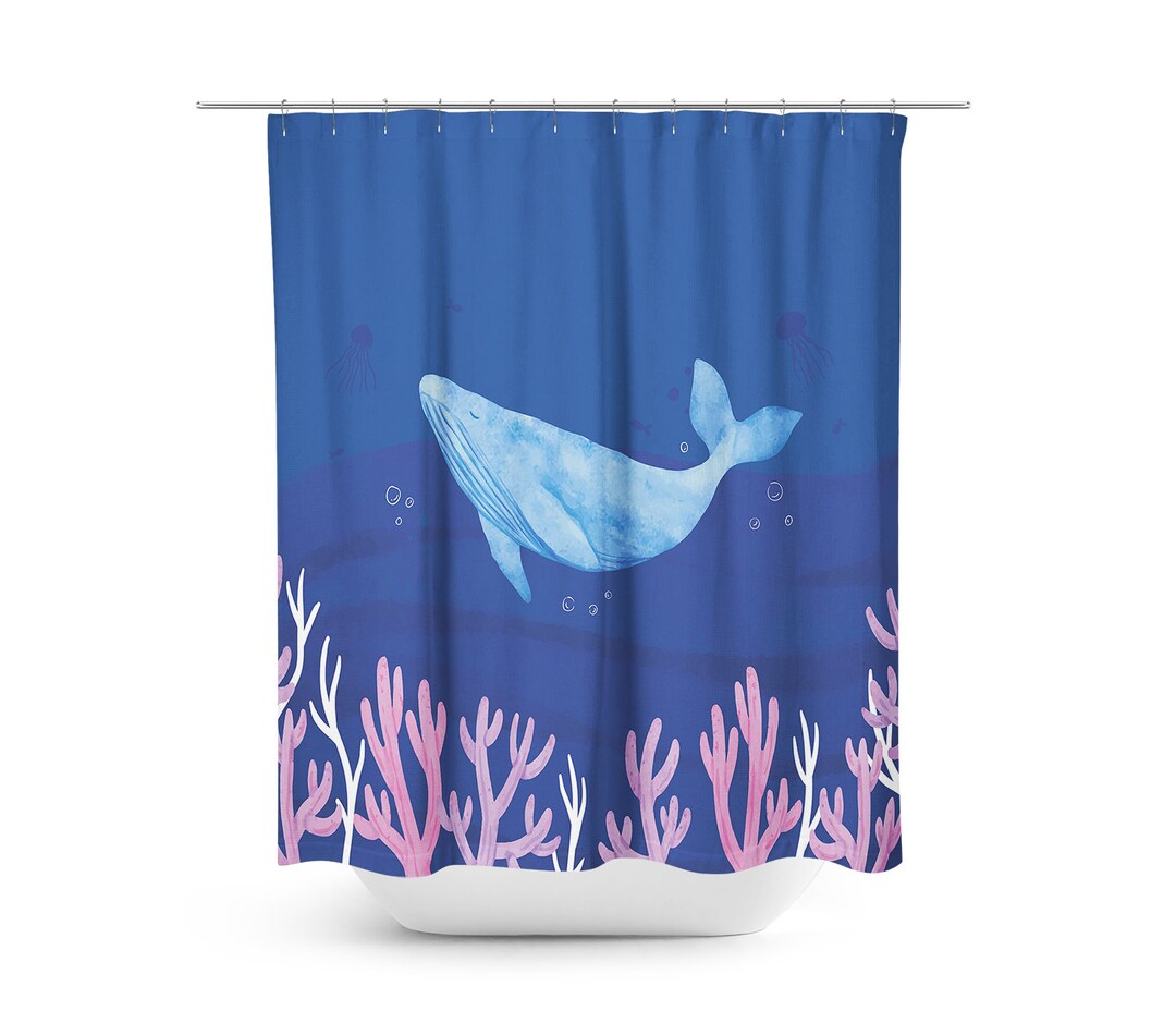 Coral Reef Shower Curtain, Blue Whale Bathroom Set, Ocean Shower