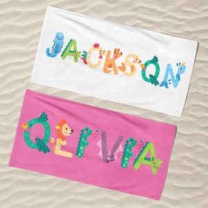 Kids Beach Towels Personalized, Beach Towel with Name, Personalized Striped Towel Animal Letters Name