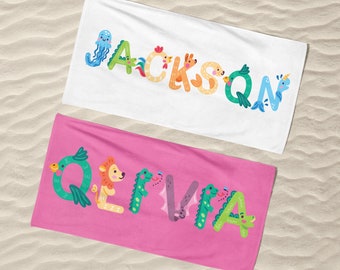 Kids Beach Towels Personalized, Beach Towel with Name, Personalized Striped Towel Animal Letters Name