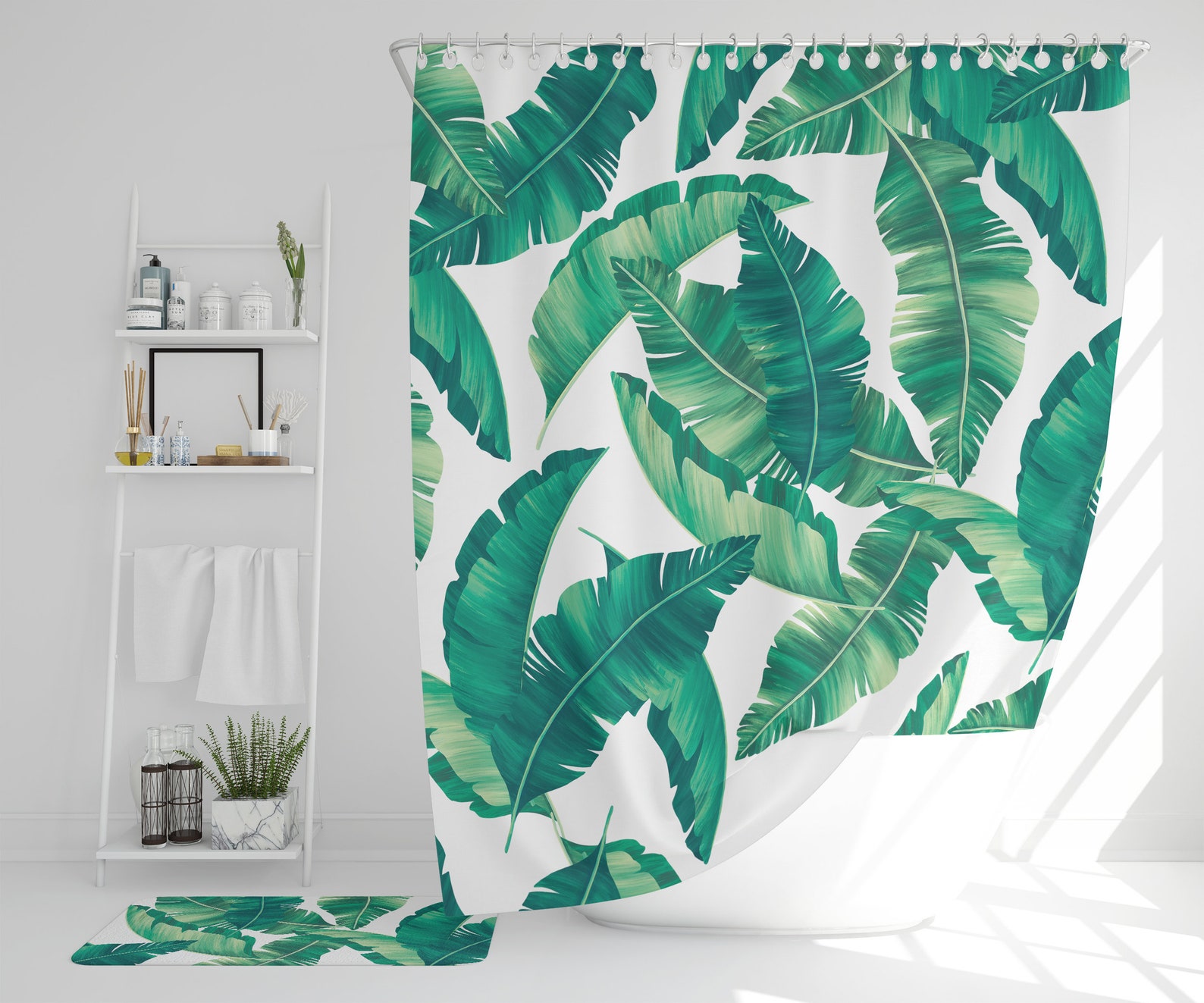 Banana Leaf Shower Curtain Set Leaf Bath Mat Palm Leaf - Etsy