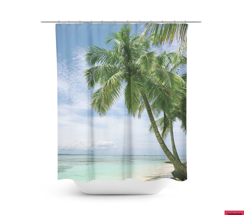 Beach Scene Shower Curtain Beach House Bathroom Palm Trees Etsy