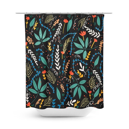 Botanical Shower Curtain Black Set Floral Bathroom Decor Etsy