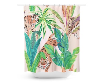 Tropical Tiger Shower Curtain: Pink Leaves Bathroom Decor