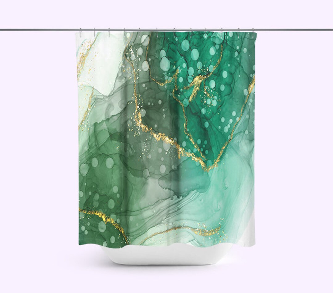 Emerald Green Marble Shower Curtain Set, Abstract Fabric Shower