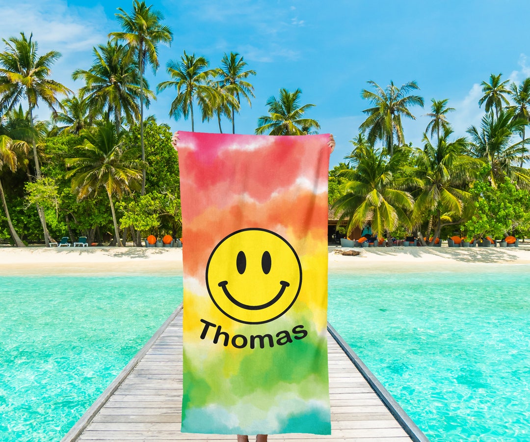 Smiley Face Beach Towels With Name, Personalized Tie Dye Beach Towel