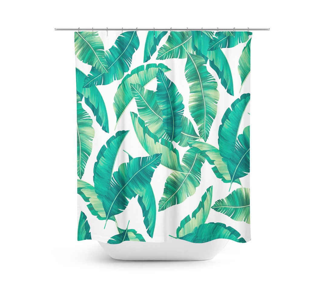 Banana Leaf Shower Curtain Set, Leaf Bath Mat, Palm Leaf Bathroom Decor