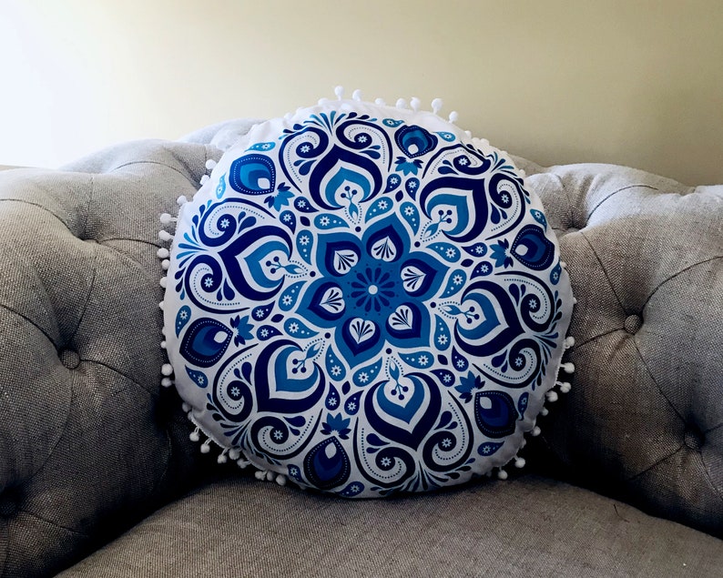 Round Cushion Mandala Pillow with Pom Poms Etsy