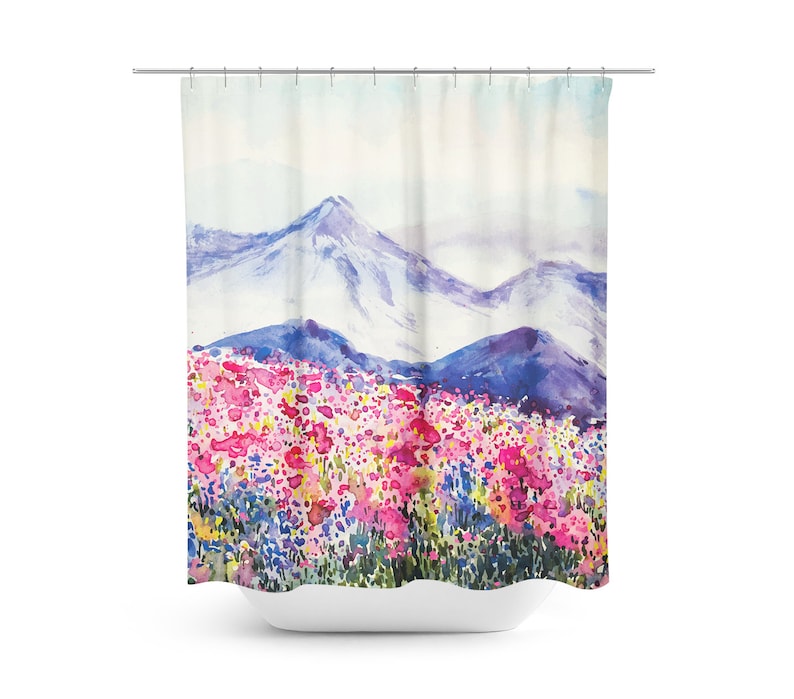Mountain Flowers Landscape Shower Curtain Floral Garden Blue Etsy