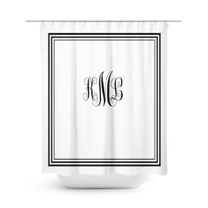 May include: White shower curtain with a black double border and a black monogram of the letters "KMC" in a script font.