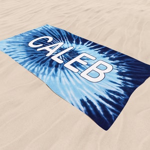 Boys Beach Towels Personalized, Kids Beach Towel with Name, Blue Tie Dye Custom Pool Towel