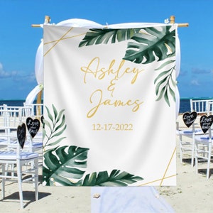 Custom Wedding Backdrop, Personalized Tropical Leaves Wedding Tapestry for Reception, Tropical Wedding Decoration, Custom Writing