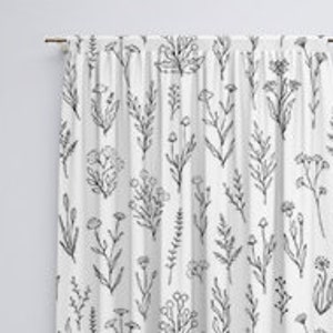 Vintage Window Curtains, Curtain Panels, Black and White Curtains, Flowers Living Room or Bedroom Curtains