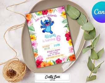 May include: A colorful birthday invitation featuring Stitch from Lilo & Stitch. The invitation has a white background with a floral border and the text "Join us to celebrate Alison is turning 6".