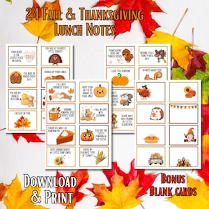 May include: A collection of 24 Fall & Thanksgiving lunch notes with various autumn-themed illustrations and phrases. The notes feature pumpkins, turkeys, and other seasonal elements, with the text "Download & Print" and "Bonus Blank Cards".